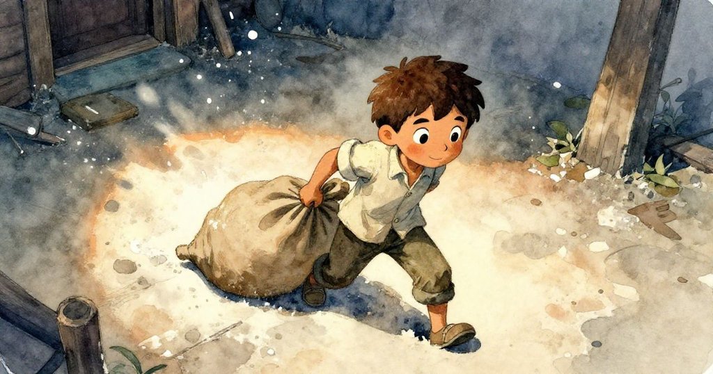 從高處俯視海斯努力拉動沉重穀囊,麵粉飛揚,臉上流露出堅定與掙扎,場景呈現古樸磨坊。