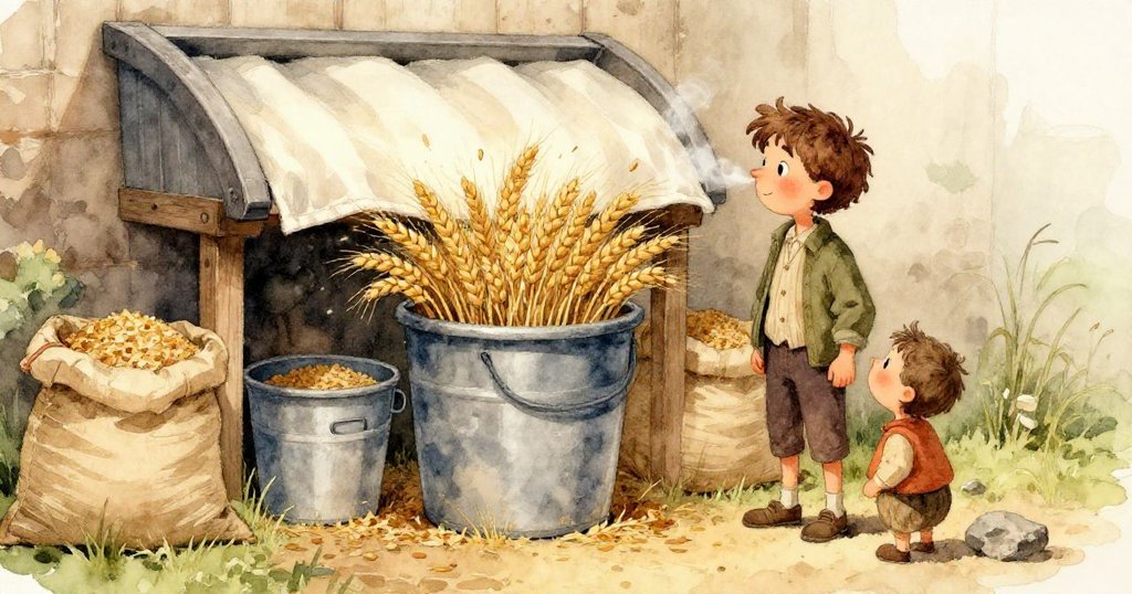 隨著一陣陣風將布槽搖動,賽奇拿著掃帚輕快掃過,麵粉飛散,場面充滿動感與溫暖氣息。