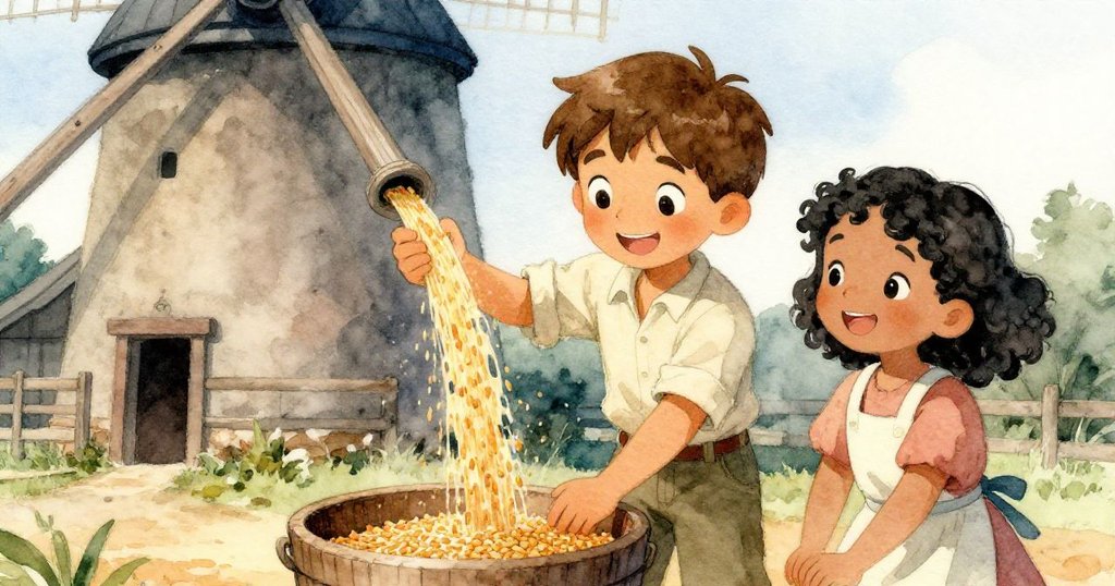 海斯與賽奇面帶喜悅相視,隨著沉重穀囊固定,金色麥流穩定流入備用收集器,場景充滿溫馨與成功感。