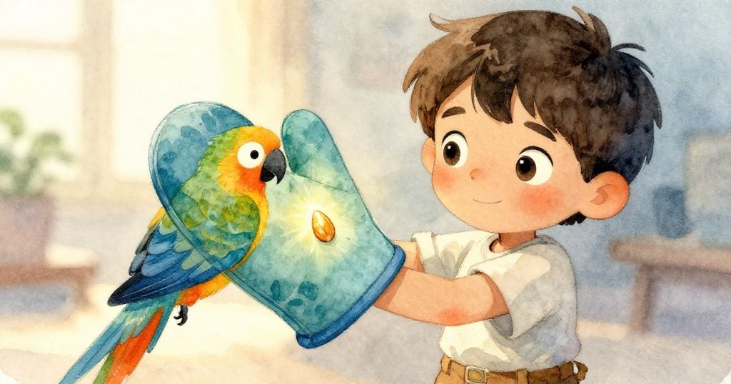 海斯舉起色彩斑斕的手套,專注欣賞手指上閃爍的小麥穗,畫面細膩溫暖,富有神秘小勝利感。