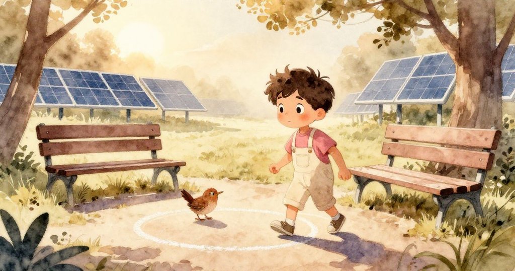 Wren在初升陽光中走向公園 長椅旁有粉筆圈與能源板，表情充滿期待與好奇，在晨光中迎接新挑戰