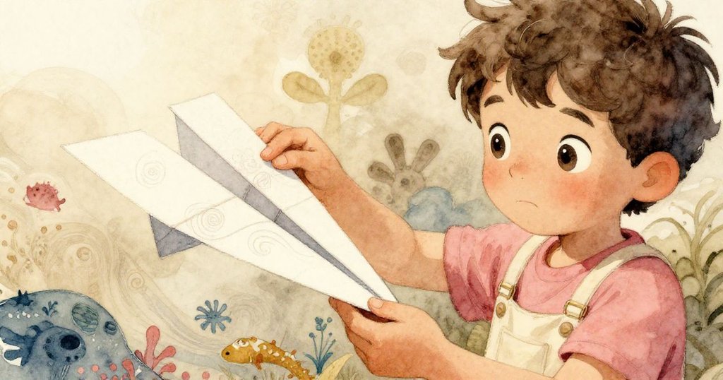 Wren仔細修整紙飛機 手中強調摺痕與海洋生物畫作，背景有溫暖光線與粉筆圈，流露出專注創意