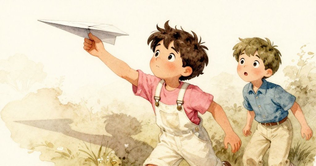 Wren用力掷飛紙飛機 同時Lars站在旁邊注視，兩人神情充滿動感與期待，陽光明亮映出飛行軌跡