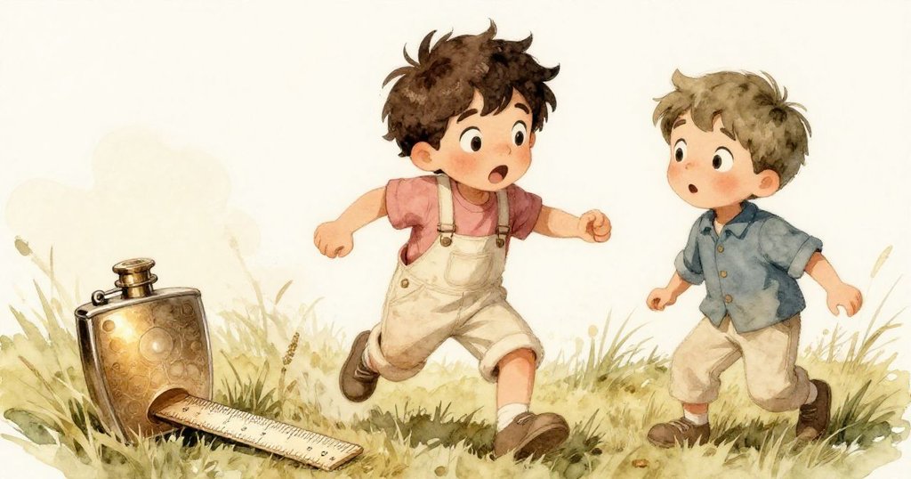 Lars驚訝跳起 遇到滾動的水瓶和散落尺子，背景草地與晨光交錯，氣氛從寧靜轉為活潑