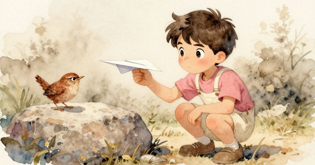 Wren蹲在石旁細心調整紙飛機 移除紙夾並重新摺痕，神情堅定專注，背景有粉筆圈與晨露映襯