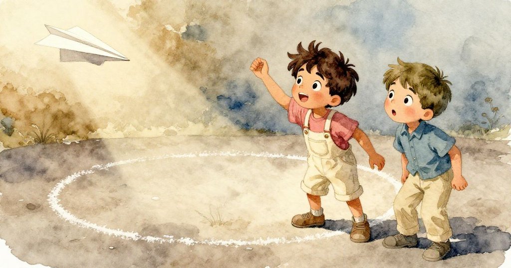 紙飛機優雅著陸 兩男孩滿懷喜悅注視著著陸瞬間，黑鳥好奇啄食草尖，背景映襯著電網陰影