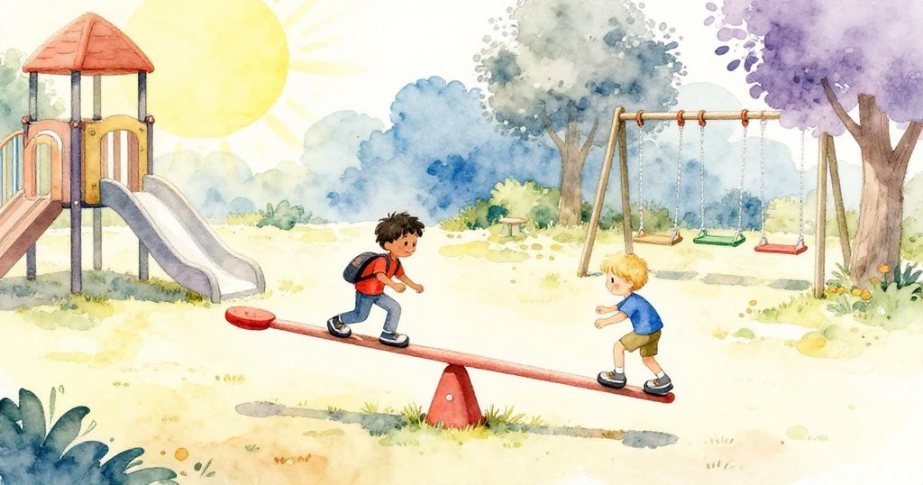 在陽光普照的遊樂場中，Zane與Jude站在搖搖板兩端準備挑戰，背景充滿鮮豔設備與藍天白雲。