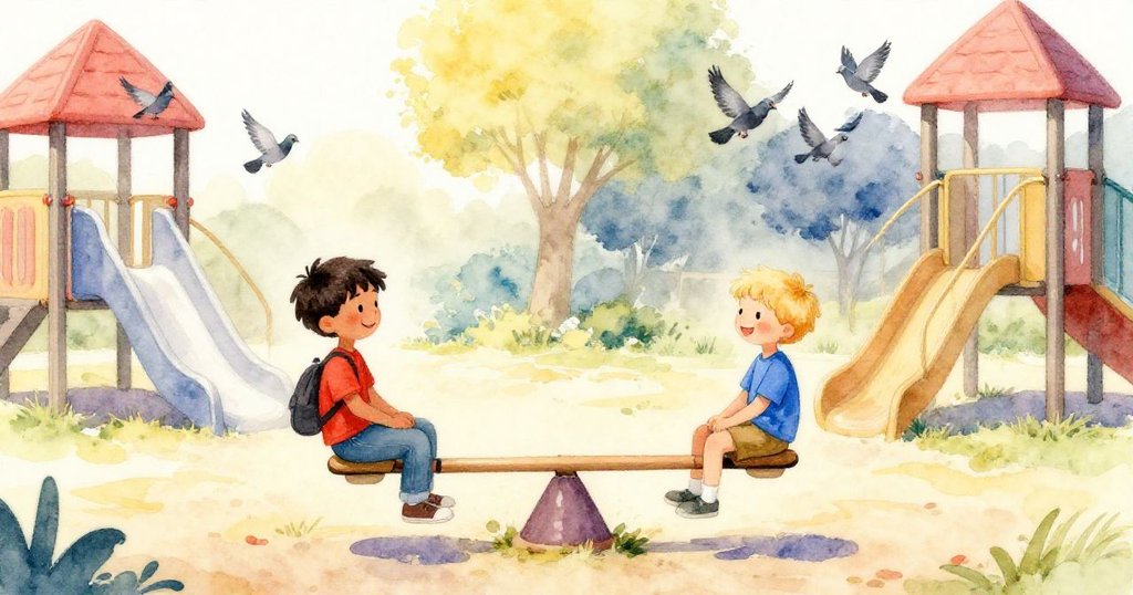 在平衡的搖搖板上，Zane與Jude臉帶微笑放鬆，鸽子於滑梯上輕舞，呈現全新平靜開始。