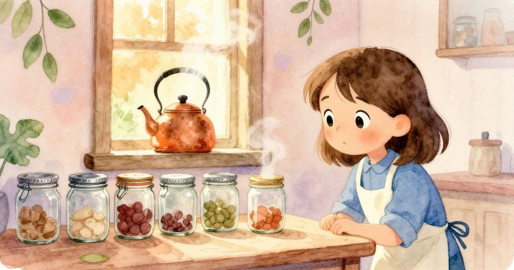 凱在溫馨廚房中，專注於整齊排列的玻璃罐與歪斜銀蓋，金色蒸氣映出寧靜初始情境。