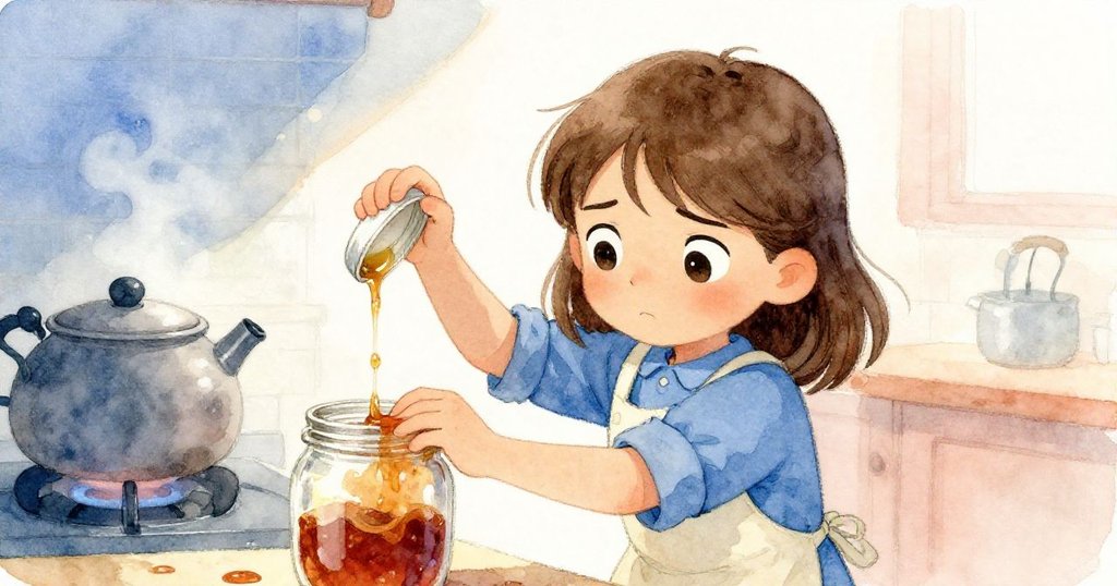 凱眉頭緊皺，與冒泡水壺鬥爭，糖漿滴落現出關鍵緊張瞬間，充滿挑戰與果斷神情。