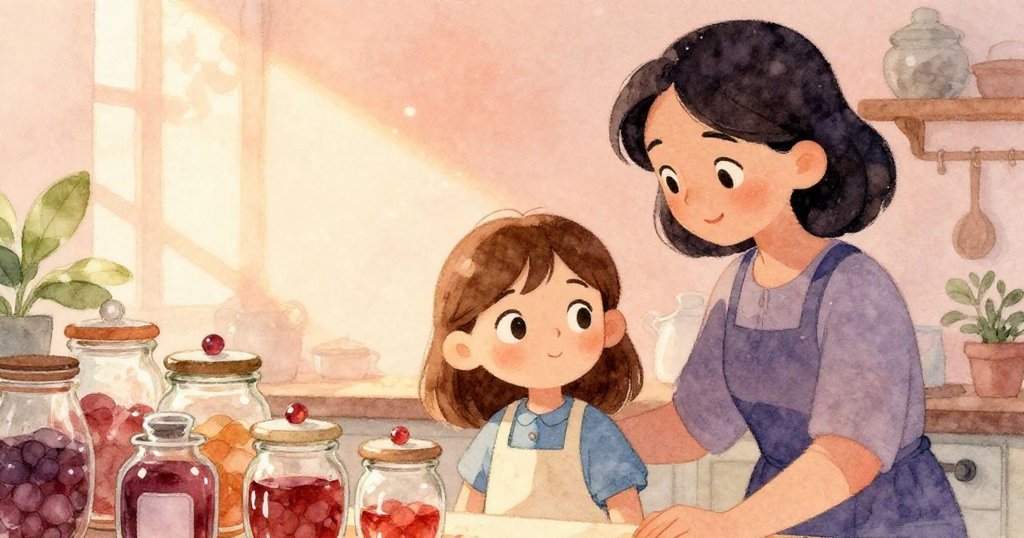 凱與伊芙在落日餘暉中互相支持，見證罐子蓋恢復整齊，喜悅溫馨氛圍充滿整個廚房。