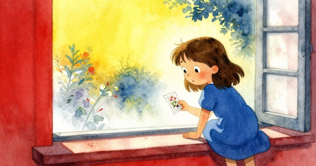 哈麗雅特在朦朧晨光中靠在窗台上，仔細觀察破舊種子包，臉上流露出專注與期待，背景隱約見到園丁澆花。