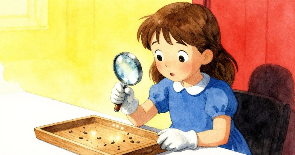 哈麗雅特專注地將摺好的手套推到擺動的放大鏡下，迅速收集飄散的種子，她的動作細膩且充滿專注的情緒。