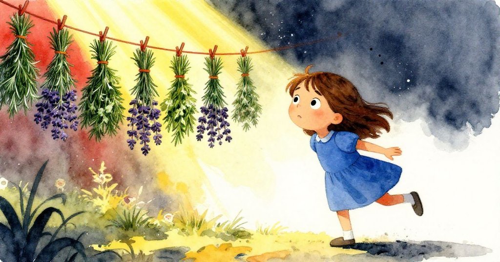 從低角度看哈麗雅特堅定地向陰影中的草藥掛鉤走去，她輕觸花束，周圍塵埃在陽光中飛舞，展現出決心與勇氣。