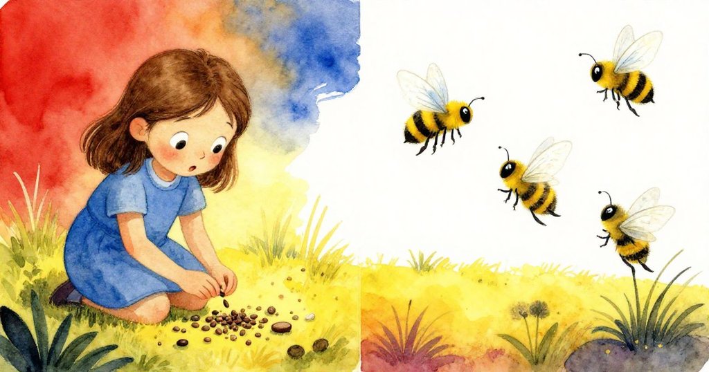 哈麗雅特在一幅分裂現實的畫面中，一邊認真收集散落的種子，另一邊幻想中的種子精靈與小大黃蜂翩翩起舞，呈現夢幻與現實交融。