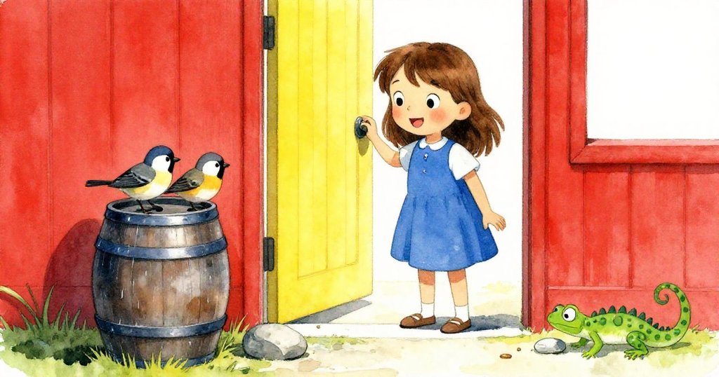 哈麗雅特站在敞開的門旁，微笑看著窗外歡快的麻雀在雨桶邊跳躍，小蜥蜴嬉戲地推動滾動的種子，充滿生氣與喜悅。