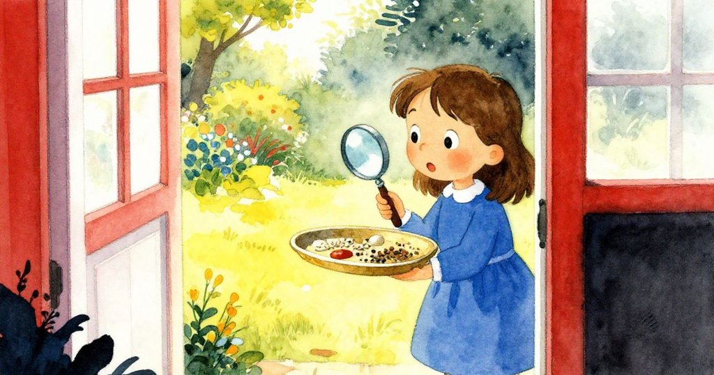 哈麗雅特在寧靜的全景中站在敞開的門旁，溫柔看著整理好的種子與放大鏡，外面花園在明亮晨光中散發出柔和祥和的氣息。