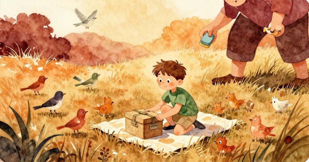 Boris在草地毯上蹲著靠近供用品箱，背景中成人正翻閱書本，鳥兒與小動物環繞，情緒輕鬆愉快。