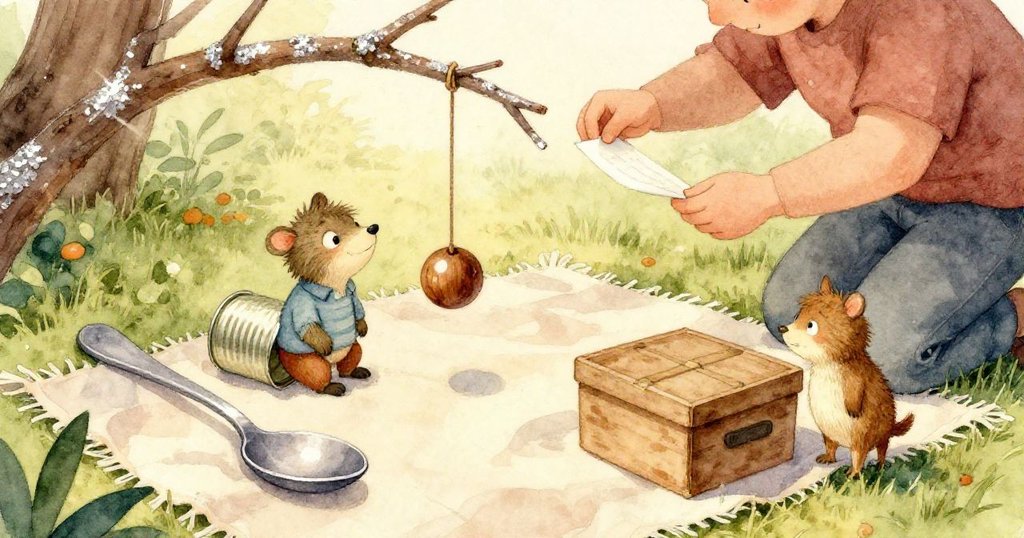 低掛樹枝上擺放著彎曲湯匙、鐵罐蓋、木珠及閃亮黃銅鑰匙，細節豐富，展現微風中物件巧妙舞動。