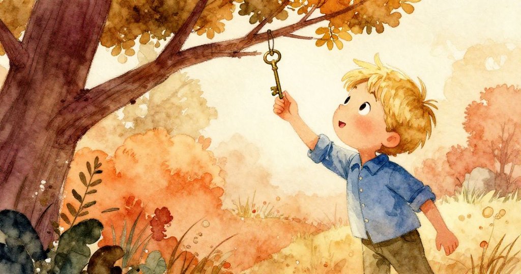 Otto以第一人稱視角呈現，手握閃亮黃銅鑰匙，注視著搖曳樹枝，眼神充滿驚奇與期待。