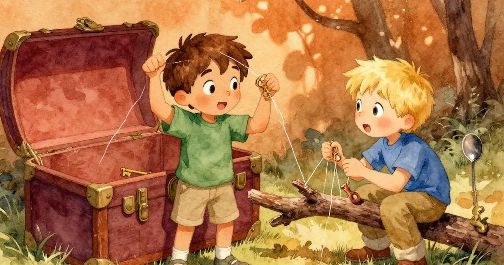 在粗糙樹幹後的過渡空間中，Boris與Otto協同調整物品，光影交錯中展現專注且和諧的動作。