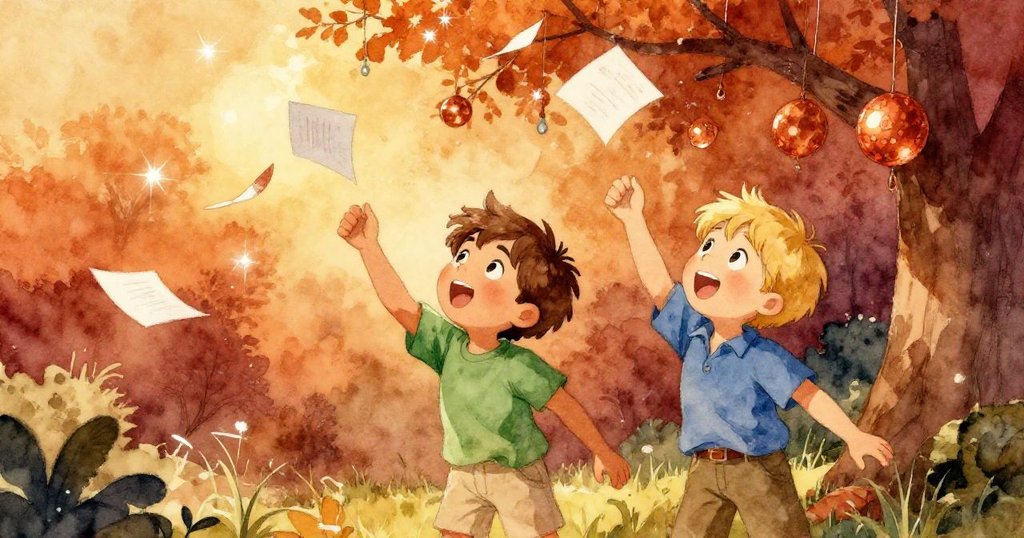 Boris與Otto面帶燦爛笑容站在原地，享受樹枝上物品奏出的清脆音符，充滿慶祝與創意的氛圍。