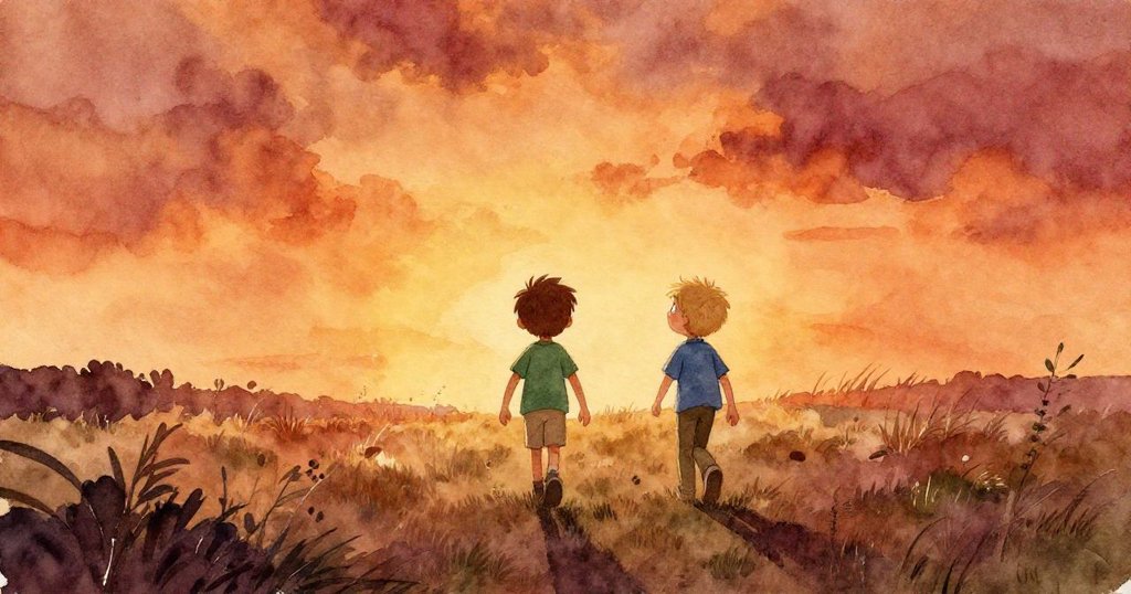 夕陽餘暉中，Boris與Otto慢步離開草地，回眸望向冒險現場，滿臉洋溢著平靜與滿足。