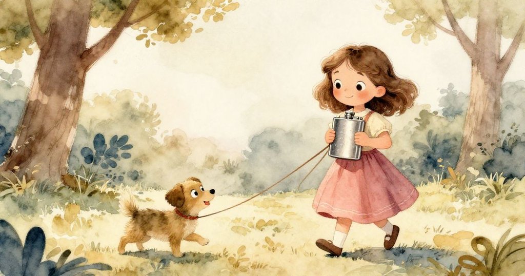 瑪貝爾在黎明柔和光線中走進公園野餐區，輕觸滿是凝露的金屬瓶，狗狗活潑拉扯籃子，臉上洋溢著期待與喜悅。