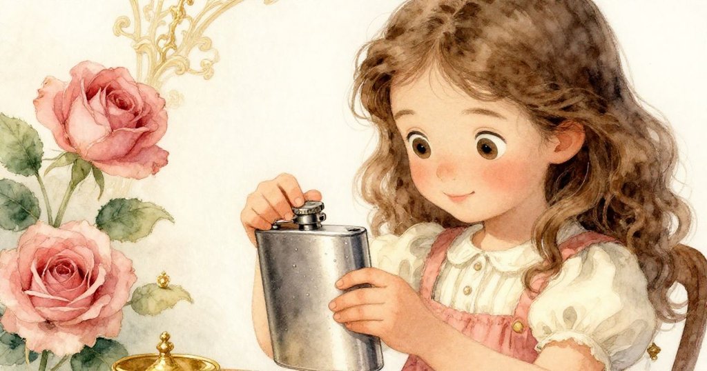 瑪貝爾專注地輕旋瓶蓋，手指觸碰著閃亮凝露的金屬瓶，她溫柔眼神中流露出期待與細膩情感。