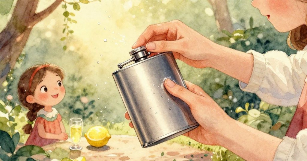 在精細透視中，檸檬液如絲般緩緩流過野餐布，背景草地與光影交織，展現出一種夢幻般的自然美感。