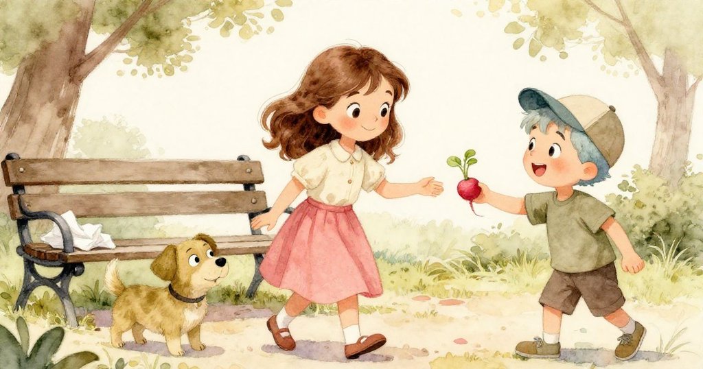 瑪貝爾謹慎走向公園長椅取用紙巾，旁邊托伊溫柔地將蘿蔔幼芽遞給好奇狗狗，場景中透露著決策與協作的溫暖。