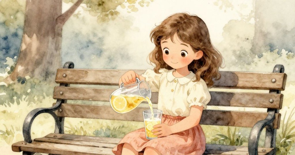 瑪貝爾安坐於公園長椅上，輕緩倒出檸檬飲料至杯中，臉上洋溢著平靜與滿足，營造出一段溫馨而結局的野餐故事。