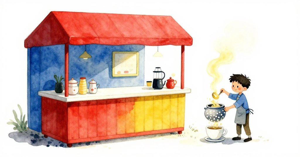 賽斯在傾斜角度的廚房中忙碌操作湯勺放入珍珠壺，杯子顫抖，整個場景充滿暖光與動感，故事剛開始。