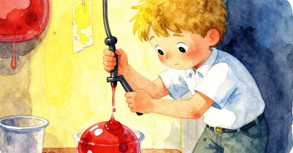 盧克專注地在泡茶站檢查糖漿泵剝落的貼紙，眼神細膩充滿好奇，故事進入發展階段。