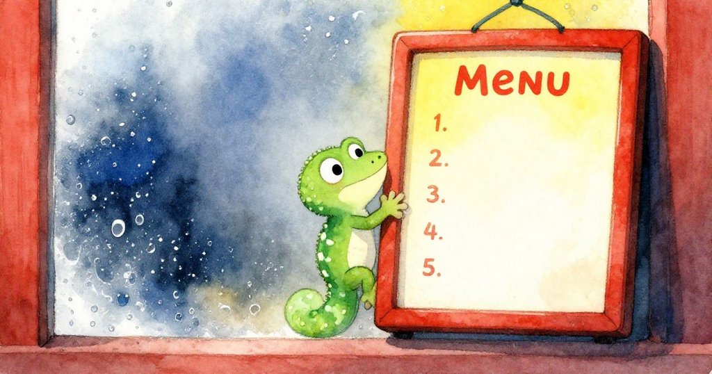 薄霧玻璃上，一隻淺綠蜥蜴緊貼熱條攀附，菜單燈光柔和，增添神秘與溫馨感，情節逐步展開。