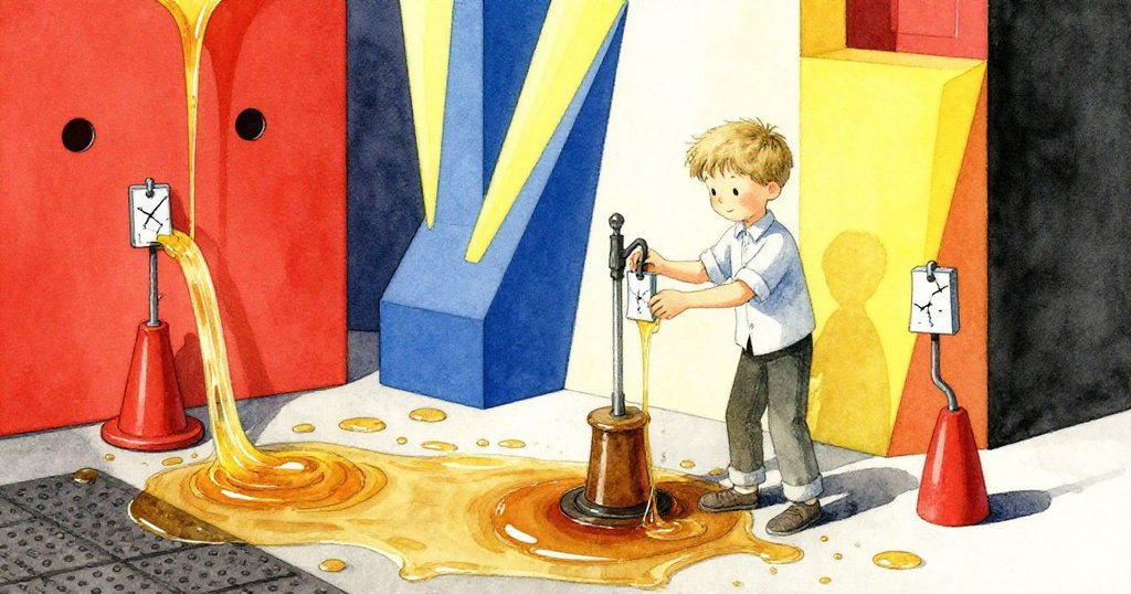 盧克在調整破裂糖漿泵貼紙，糖漿流動呈超現實幾何，橡膠墊上迷離斑駁，故事進入高潮。