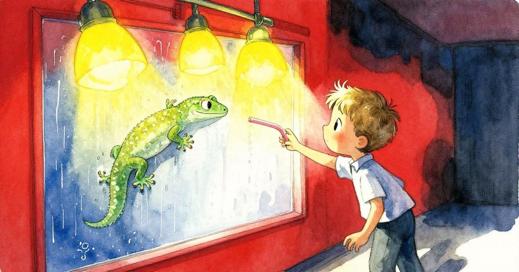 盧克用吸管輕輕推動蜥蜴，牠迅速沿潮濕玻璃攀爬，留下淡淡乾燥軌跡，動感情節達到高峰。