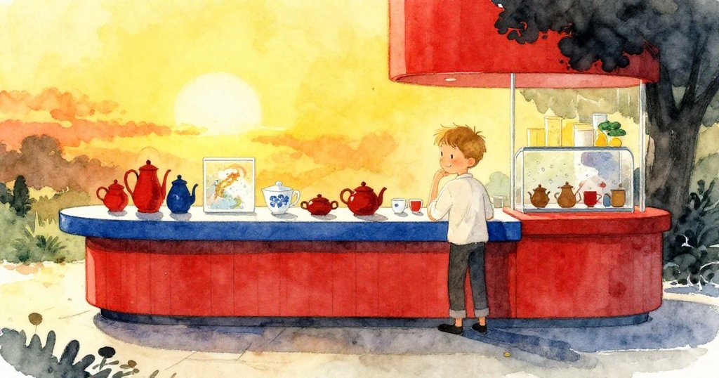 暖陽下，泡茶站靜謐安穩，盧克滿足微笑，窗上蜥蜴軌跡淡留，故事最終迎來平靜結局。