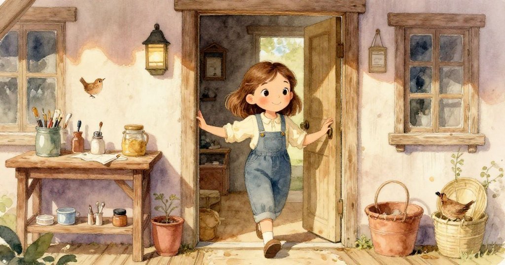 Wren走進溫暖木門,手持調色盤,在充滿柔和陽光的庭院入口處,臉上充滿期待與希望,開始創作旅程。