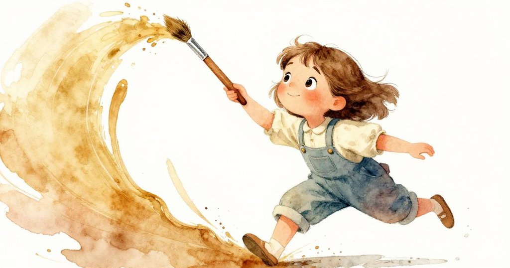 Wren奮力抓住即將落下的畫刷,動作充滿緊迫與決心,流動的赭色顏料如緞帶般舒展,情緒激昂。