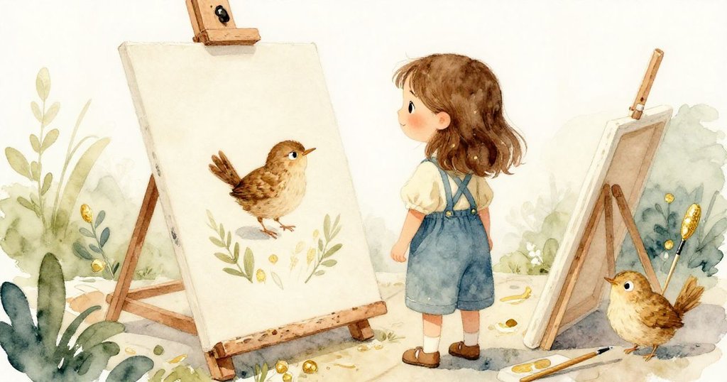 Wren站在寬廣畫布前欣賞成果,周圍散落著畫具與柔光,臉上流露滿足與平靜,最後一滴水順紙緩行,象徵創作完成。