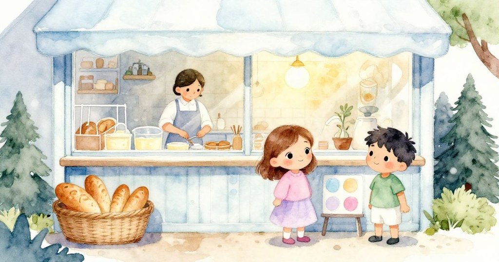 Viola與Jude在動物園咖啡窗前等待，背景呈現溫暖麵包籃與忙碌服務員，陽光照耀展現期待與溫馨情景。