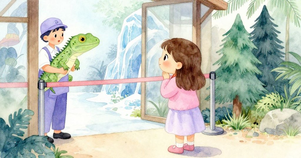 Viola站在爬蟲館入口處猶豫，門口護園員擺放阻隔桿，背景呈現動物園環境，流露出內心抉擇與期待。