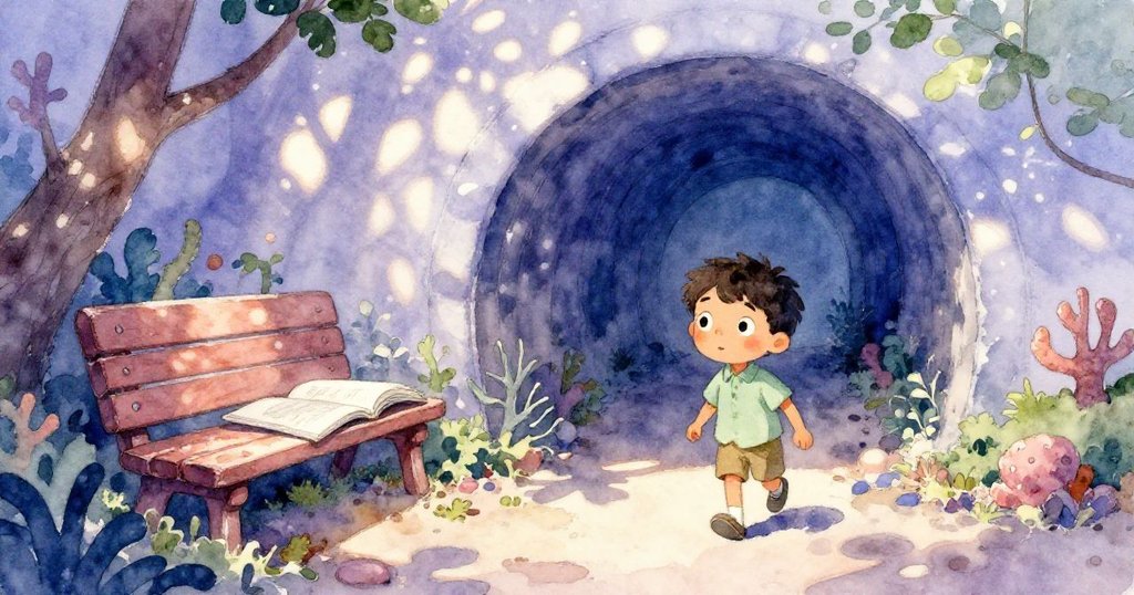 Archie踏入海洋隧道，發現放在珊瑚長椅上的草稿本，環境奇妙充滿探索氣息。