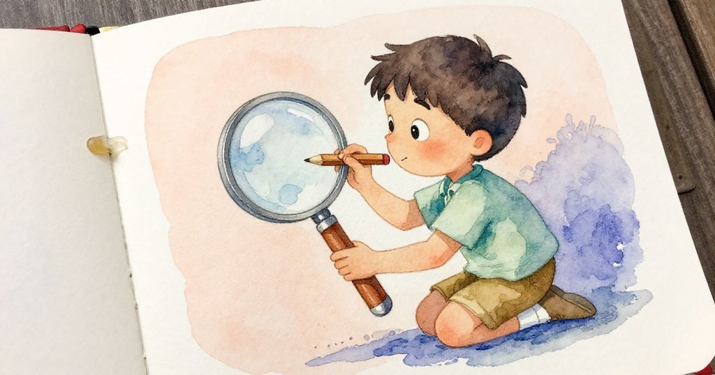 Archie專注調整老舊放大裝置，手持檀香鉛筆施力，溫暖光線中呈現精緻細節。