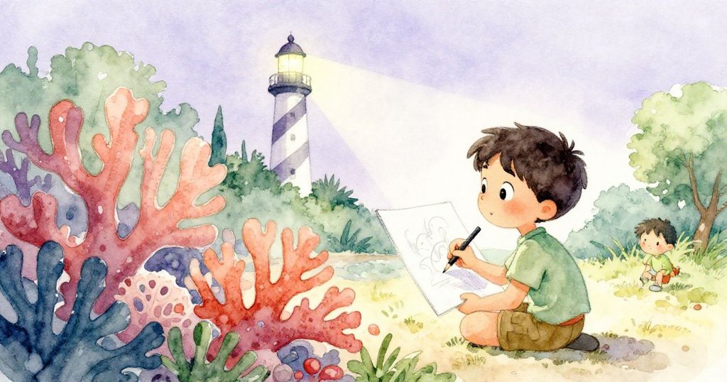 Archie聚精會神描繪珊瑚，旁邊年幼訪客滿懷感激，模型燈塔散發溫柔光芒，情境層次分明。