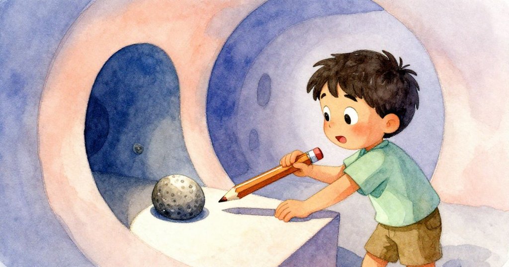 Archie利用檀香鉛筆當楔子頂住傾斜儀器，瞬間石塊滾動顯露空心晶石，情景超現實。