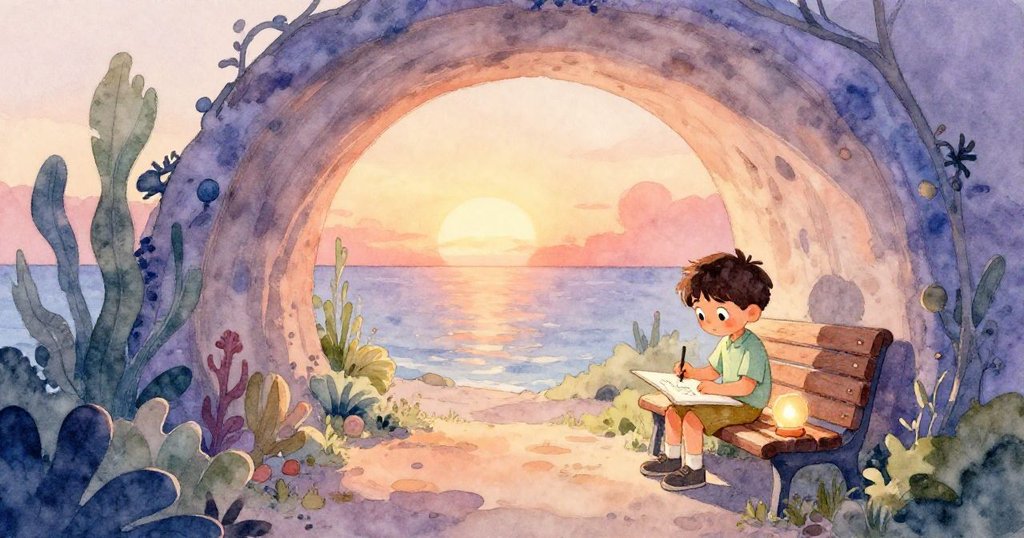 在金色日落中，Archie安心於長椅上繪圖，周圍燈塔光暈與檀香碎片閃爍，場面溫馨收尾。