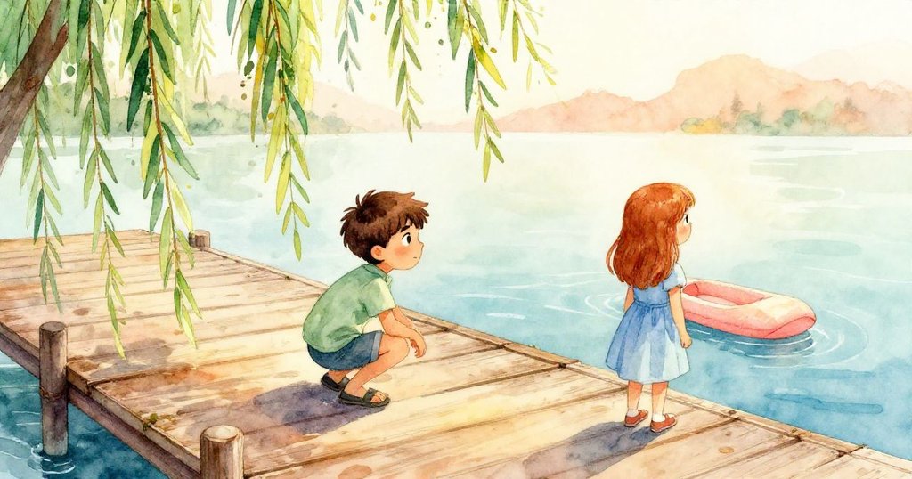 Glen蹲在碼頭陰影下,Faye站在遠端等待浮標,夕陽映照下的湖面呈現柔和反光,氛圍充滿期待。