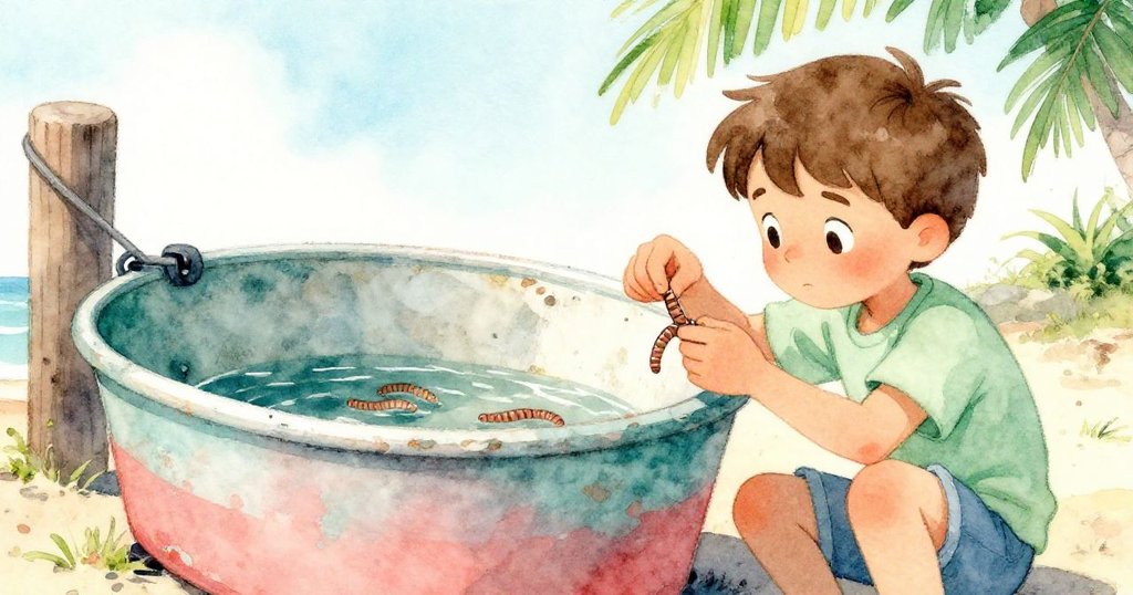 Glen專注地捏取蚯蚓,鏡頭聚焦於帶有水珠的舊誘餌桶,細節豐富,展現時光痕跡與溫暖陽光。